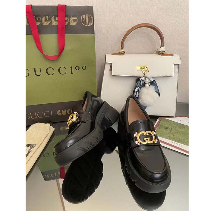 G*u*i women gg lug sole interlocking g loafer black patent leather low heel rubber