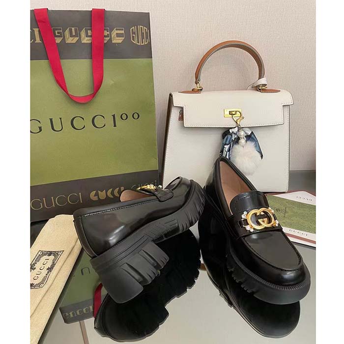G*u*i women gg lug sole interlocking g loafer black patent leather low heel rubber