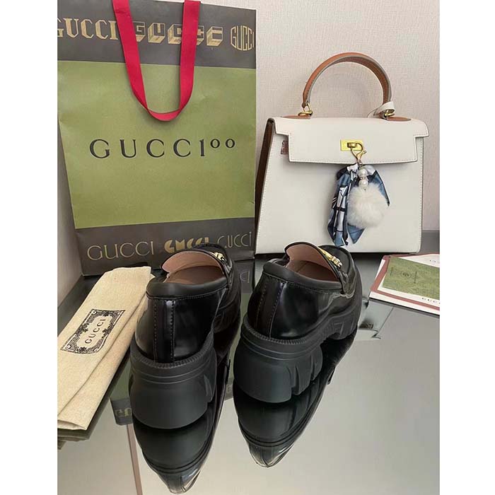 G*u*i women gg lug sole interlocking g loafer black patent leather low heel rubber