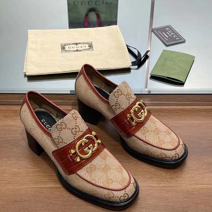 G*u*i women loafer interlocking g beige ebony original gg canvas mid 5 cm heel