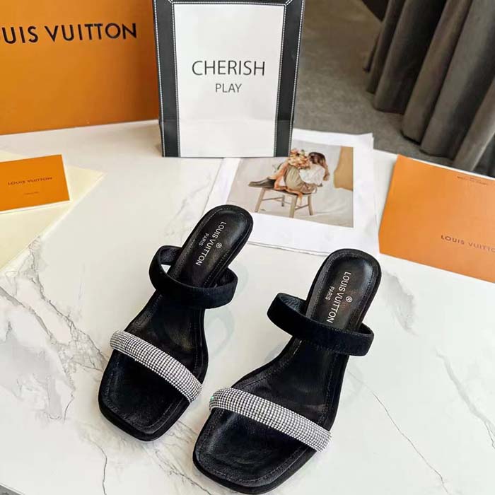 Louis Vuitton LV Women Sparkle Sandal Black Satin Strass Leather 9.5 Cm Heel