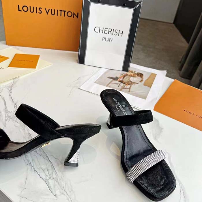 Louis Vuitton LV Women Sparkle Sandal Black Satin Strass Leather 9.5 Cm Heel