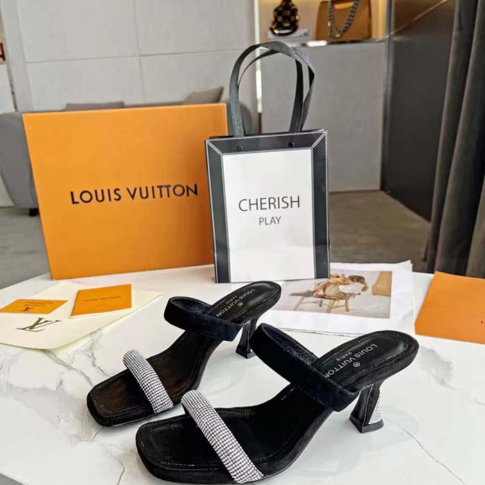 Louis Vuitton LV Women Sparkle Sandal Black Satin Strass Leather 9.5 Cm Heel