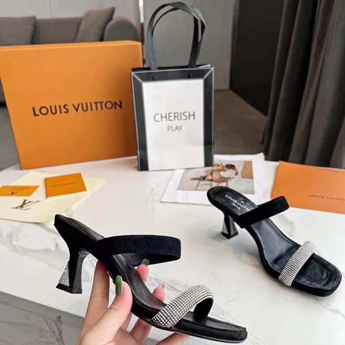 Louis Vuitton LV Women Sparkle Sandal Black Satin Strass Leather 9.5 Cm Heel