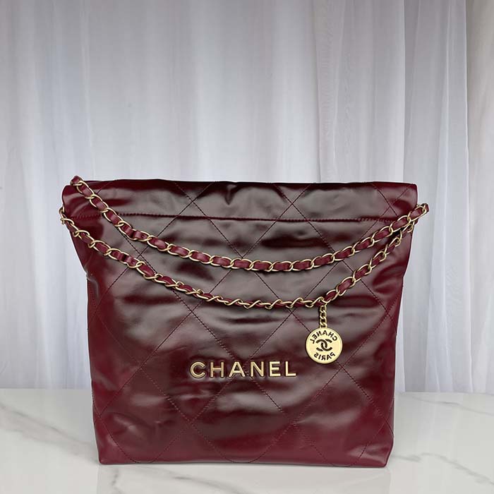 Chanel Women CC 22 Handbag Shaded Calfskin Gold-Tone Metal Pink Burgundy