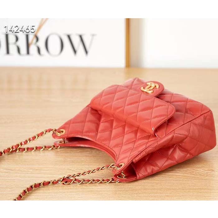 Chanel Women CC Hobo Handbag Shiny Crumpled Calfskin Gold-Tone Metal Red