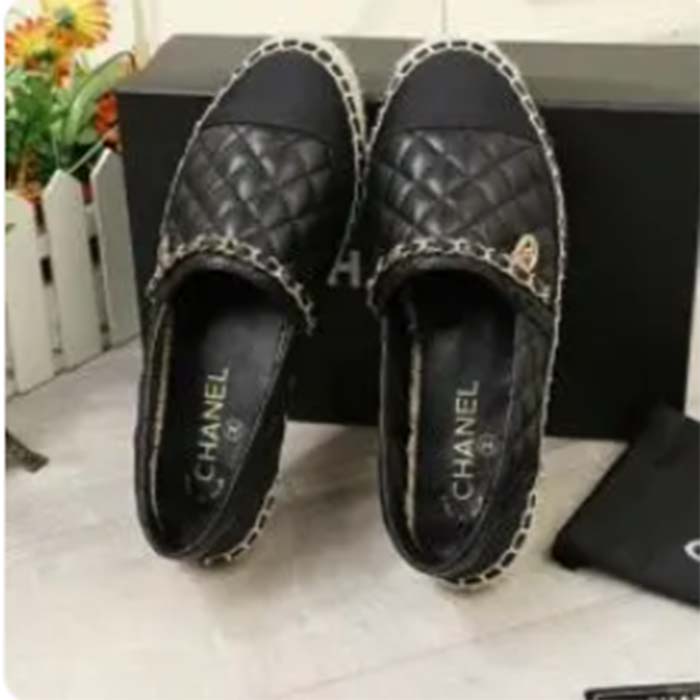 Chanel Women CC Tweed Calfskin Loafer Black Leather Gold Tone Metal
