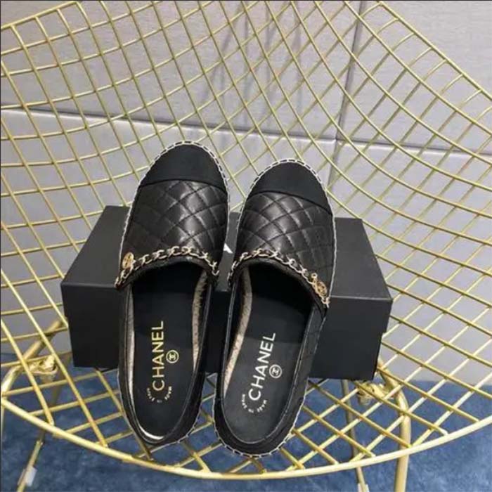 Chanel Women CC Tweed Calfskin Loafer Black Leather Gold Tone Metal