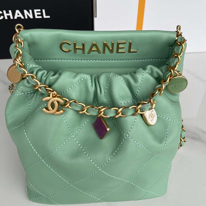 Chanel Women CC Small Bucket Bag Lambskin Resin Gold-Tone Metal Light Green