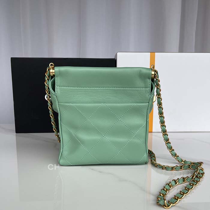 Chanel Women CC Small Bucket Bag Lambskin Resin Gold-Tone Metal Light Green