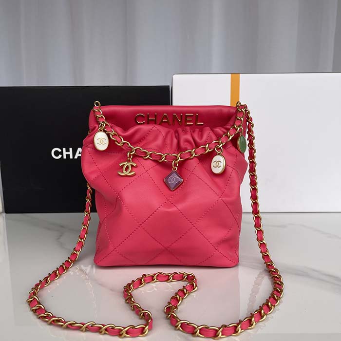 Chanel Women CC Small Bucket Bag Lambskin Resin Gold-Tone Metal Pink