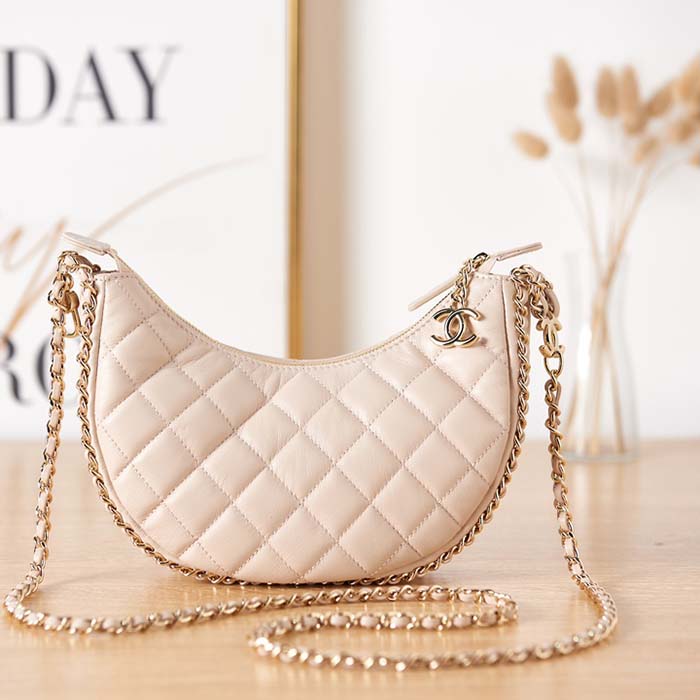 Chanel Women CC Small Hobo Bag Lambskin Shiny Light Gold Metal Ecru