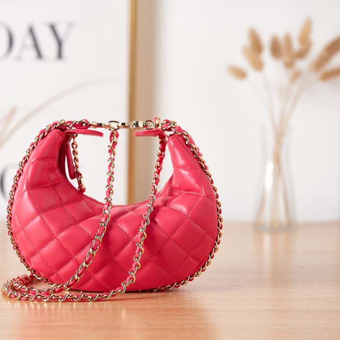 Chanel Women CC Small Hobo Bag Lambskin Shiny Light Gold Metal Pink