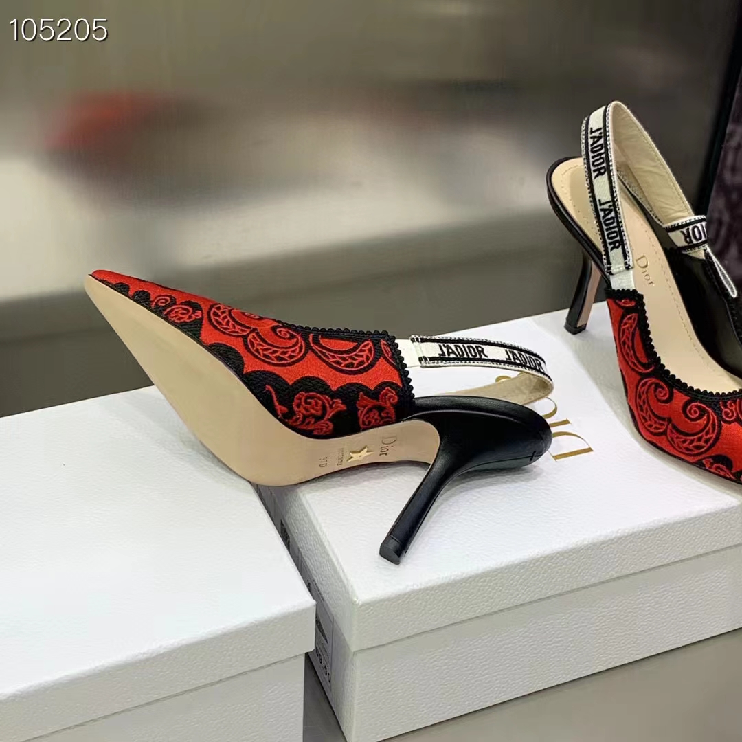 Dior CD Women J’Adior Slingback Pump Black Red Cotton Dior Bandana Embroidery