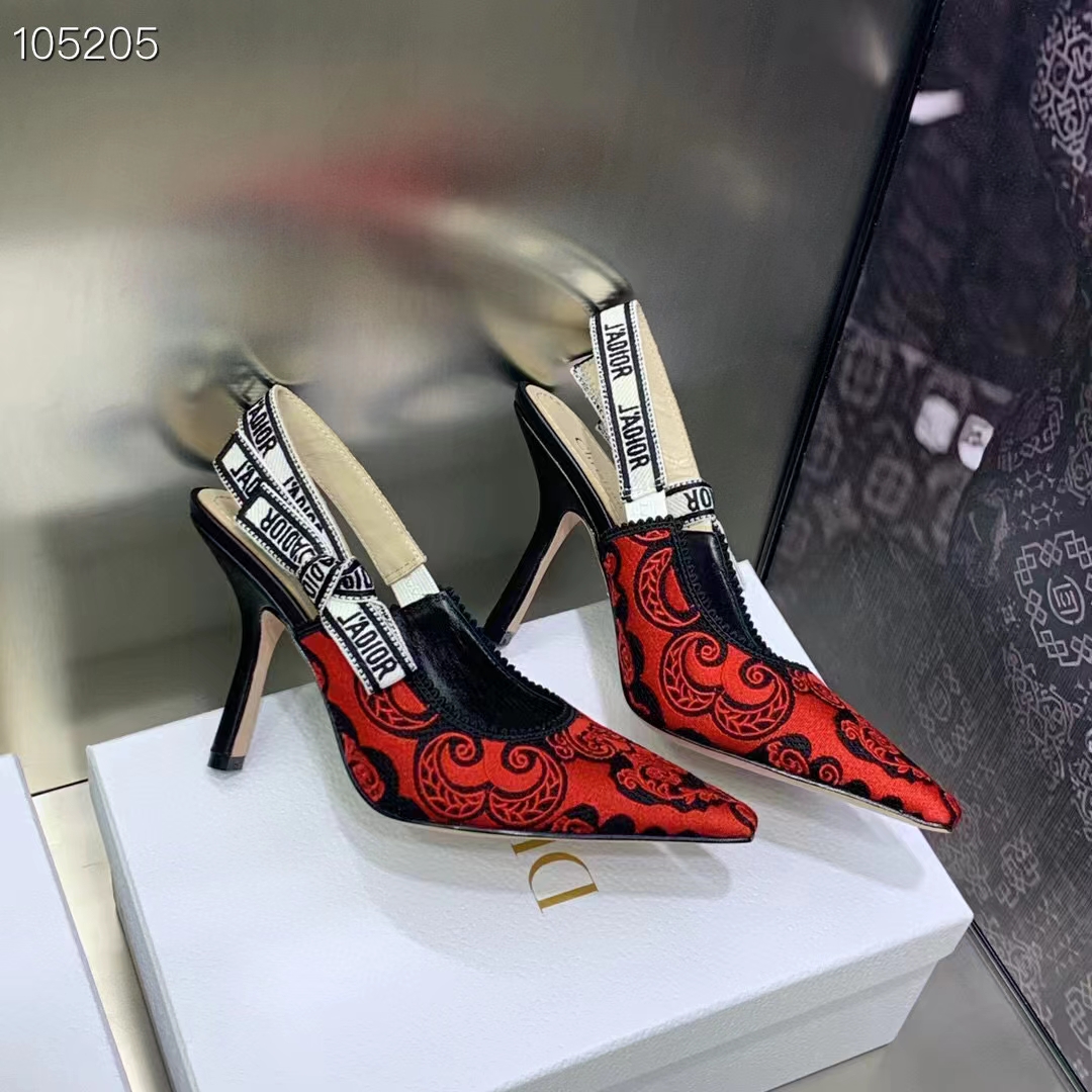 Dior CD Women J’Adior Slingback Pump Black Red Cotton Dior Bandana Embroidery