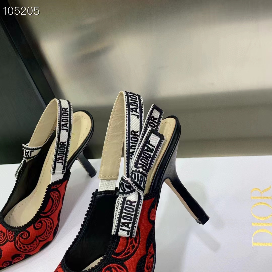 Dior CD Women J’Adior Slingback Pump Black Red Cotton Dior Bandana Embroidery