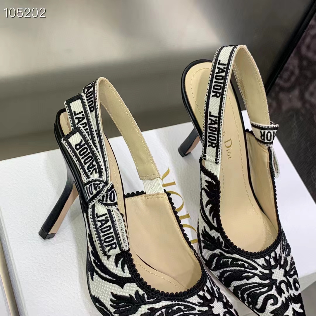 Dior CD Women J’Adior Slingback Pump Black White Ornamental Cotton Cornely Embroidery