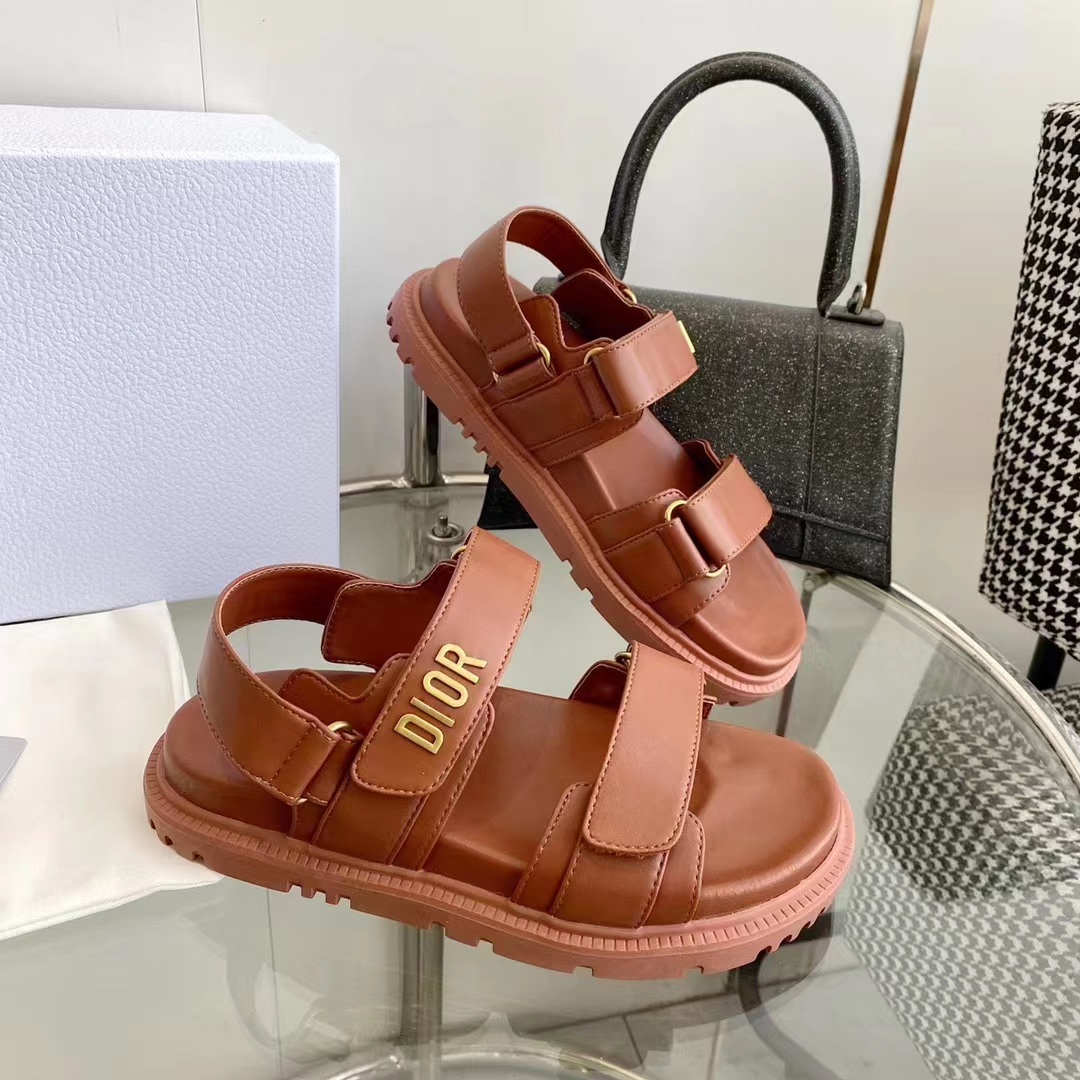 Dior Unisex Shoes DiorAct Sandal Cognac-Colored Lambskin Gold-Finish Metal DIOR Signature