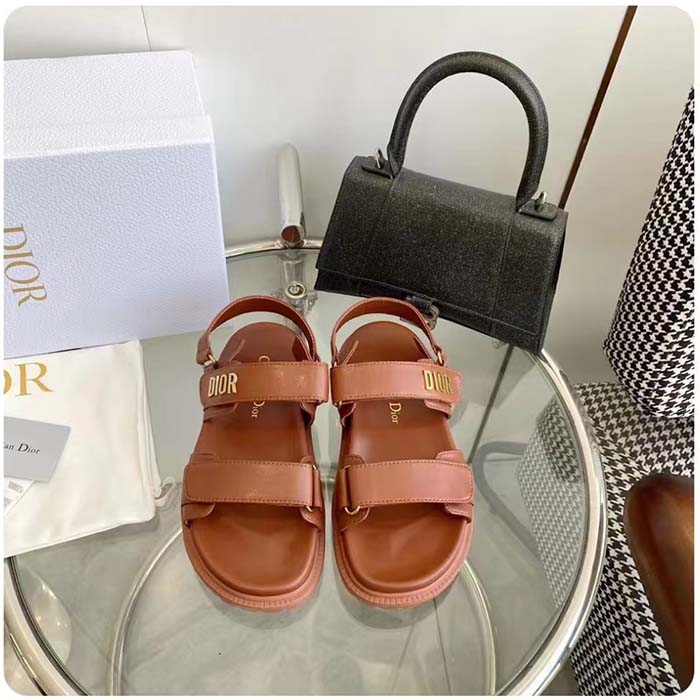 Dior Unisex Shoes DiorAct Sandal Cognac-Colored Lambskin Gold-Finish Metal DIOR Signature