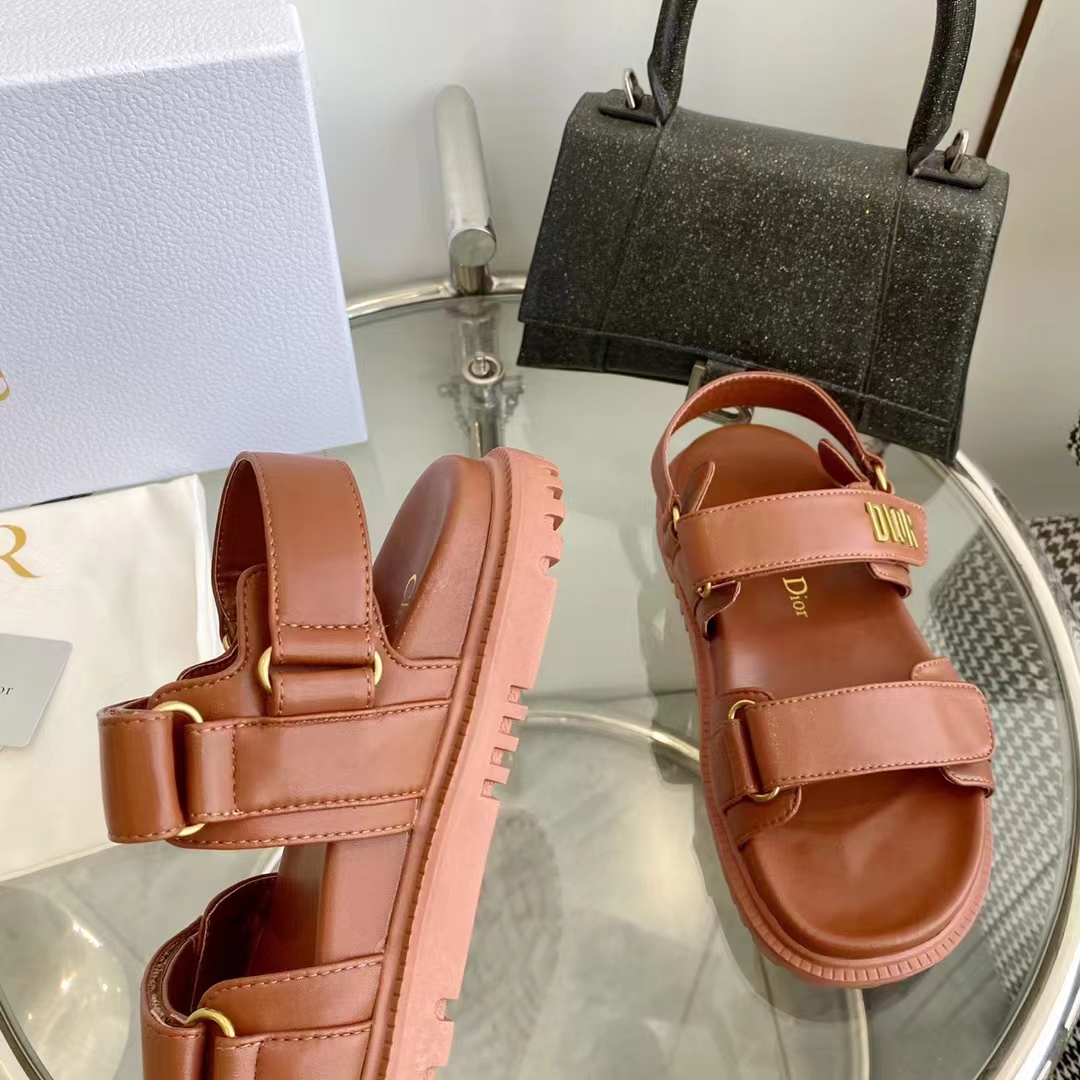 Dior Unisex Shoes DiorAct Sandal Cognac-Colored Lambskin Gold-Finish Metal DIOR Signature