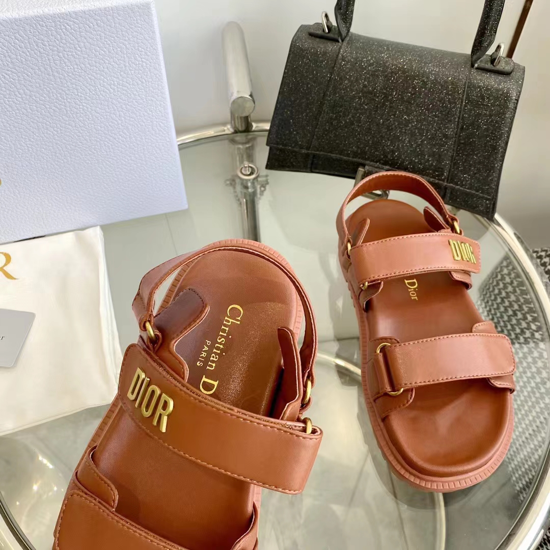 Dior Unisex Shoes DiorAct Sandal Cognac-Colored Lambskin Gold-Finish Metal DIOR Signature