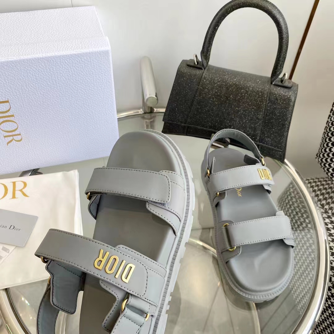 Dior Unisex Shoes DiorAct Sandal Gray Lambskin Gold-Finish Metal DIOR Signature