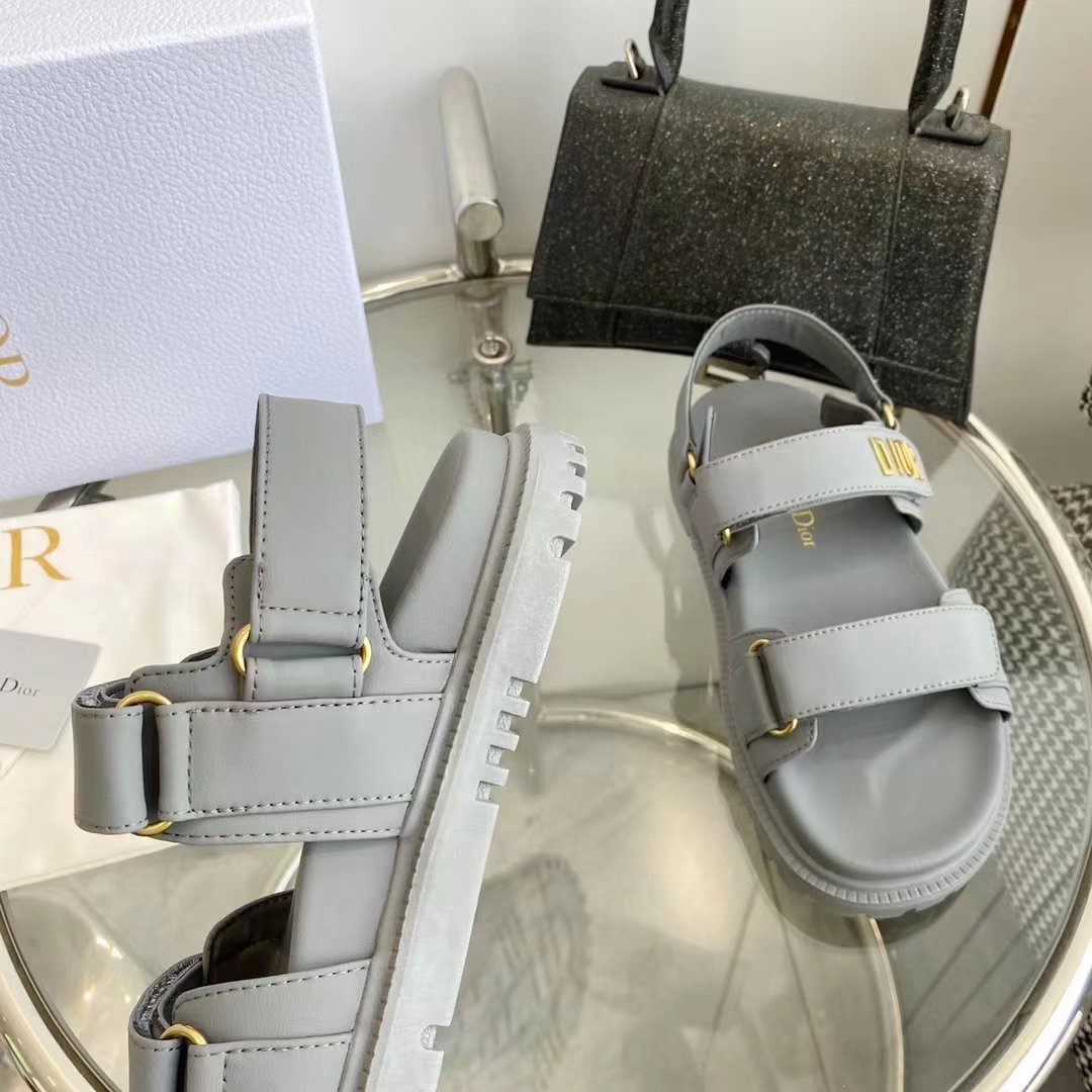 Dior Unisex Shoes DiorAct Sandal Gray Lambskin Gold-Finish Metal DIOR Signature