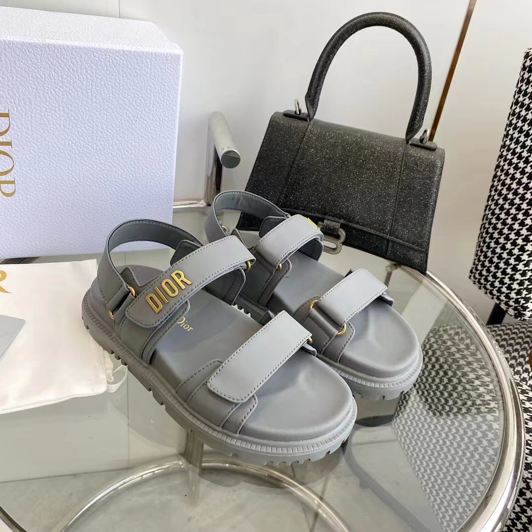 Dior Unisex Shoes DiorAct Sandal Gray Lambskin Gold-Finish Metal DIOR Signature