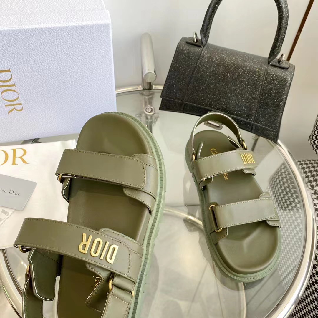 Dior Unisex Shoes DiorAct Sandal Khaki Lambskin Gold-Finish Metal DIOR Signature