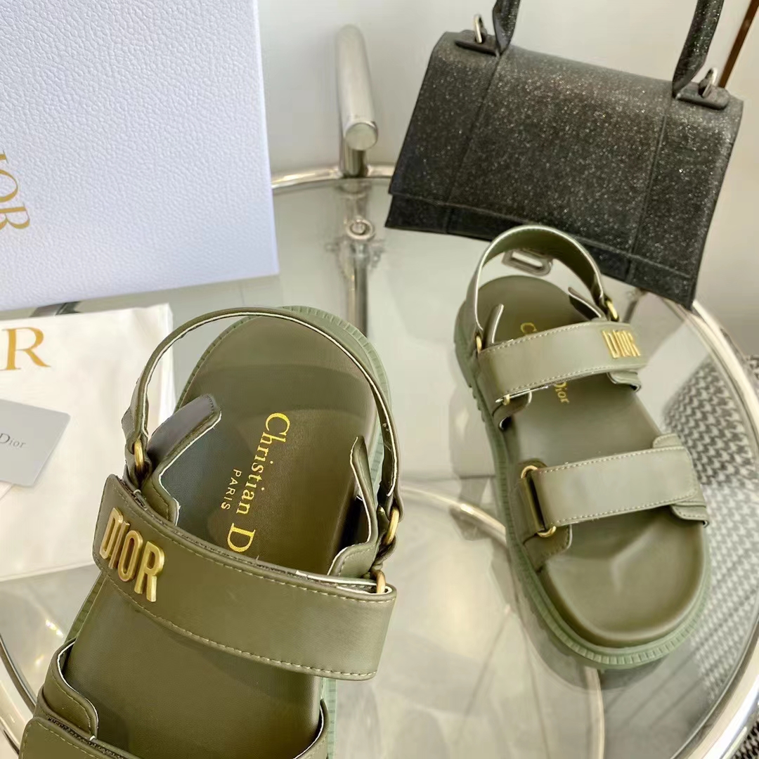 Dior Unisex Shoes DiorAct Sandal Khaki Lambskin Gold-Finish Metal DIOR Signature
