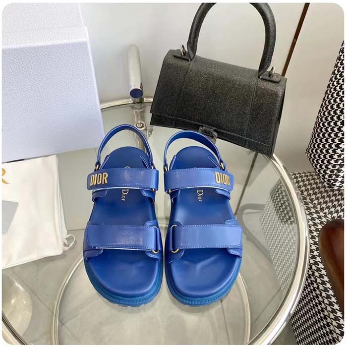 Dior Unisex Shoes DiorAct Sandal Royal Blue Lambskin Gold-Finish Metal DIOR Signature