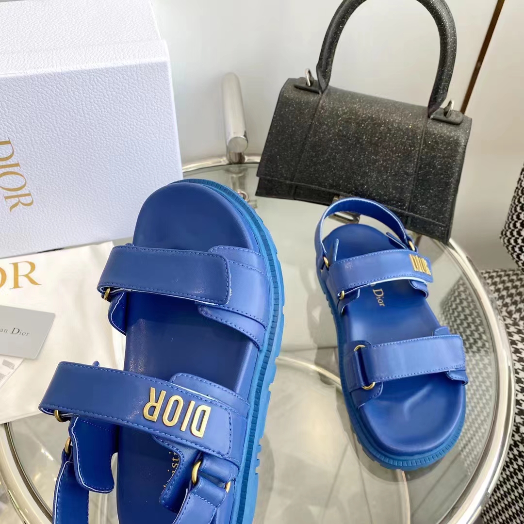 Dior Unisex Shoes DiorAct Sandal Royal Blue Lambskin Gold-Finish Metal DIOR Signature