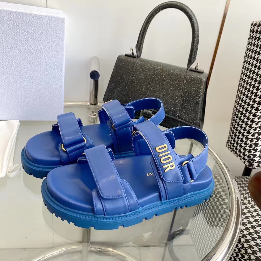 Dior Unisex Shoes DiorAct Sandal Royal Blue Lambskin Gold-Finish Metal DIOR Signature