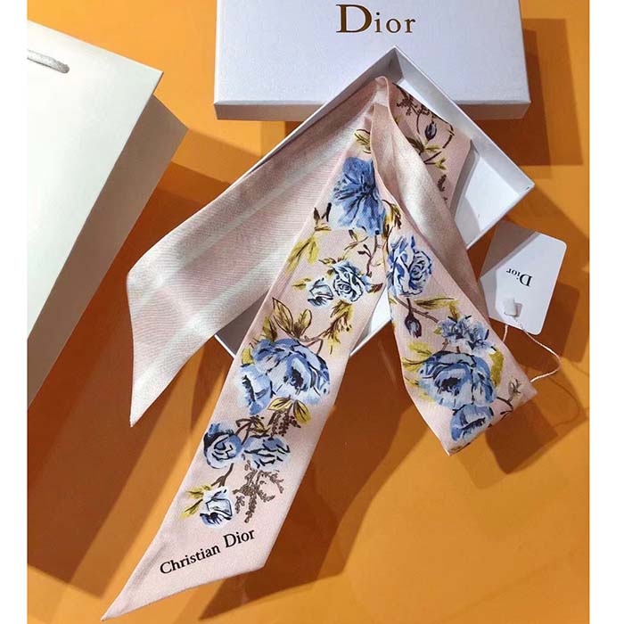 Dior Women CD Granville Mitzah Scarf Rose Des Vents Blue Silk Twill