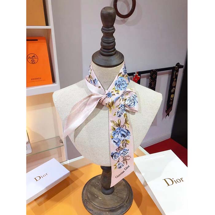 Dior Women CD Granville Mitzah Scarf Rose Des Vents Blue Silk Twill