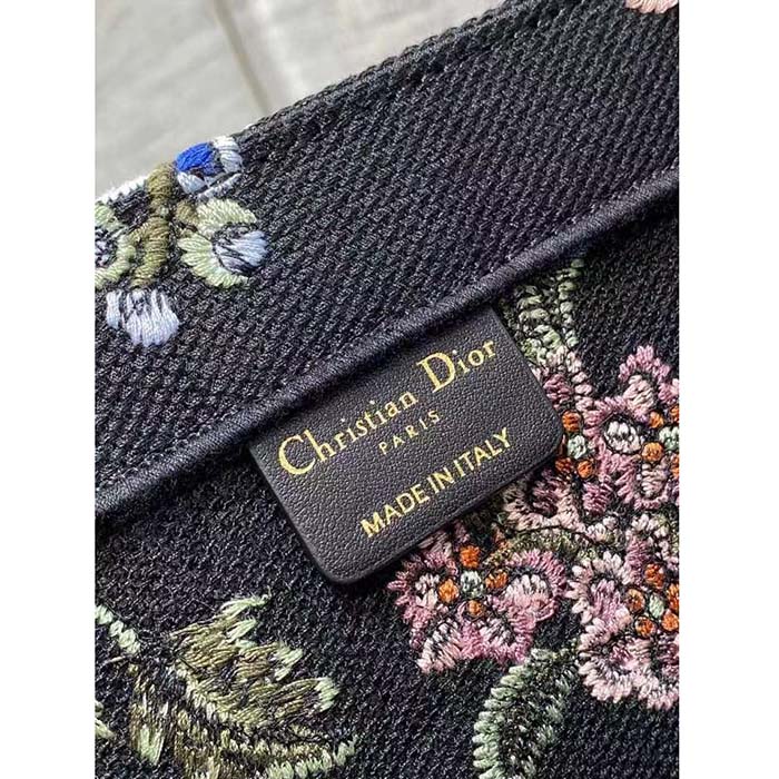 Dior Women CD Large Book Tote Black Multicolor Dior Petites Fleurs Embroidery