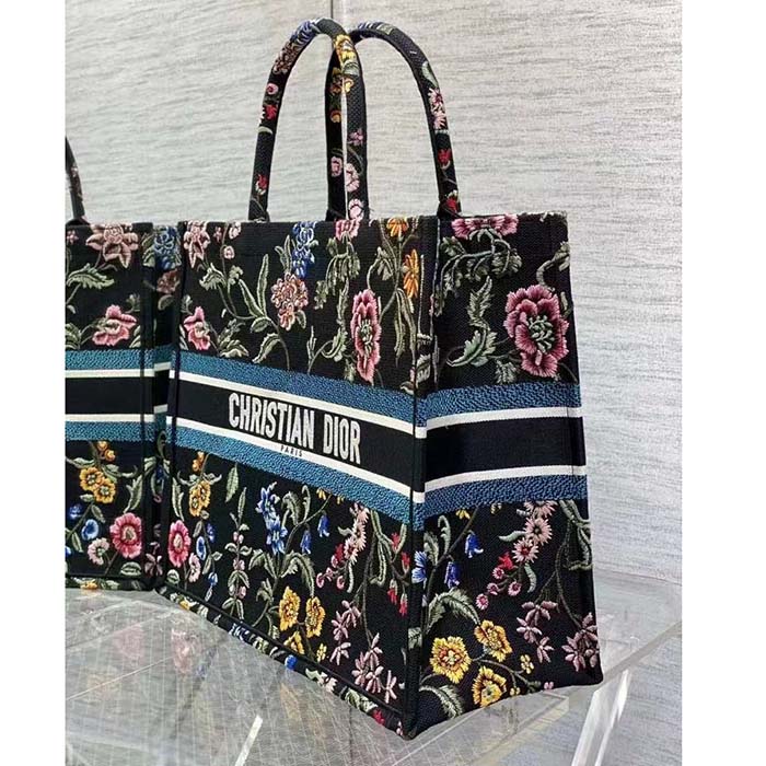 Dior Women CD Large Book Tote Black Multicolor Dior Petites Fleurs Embroidery