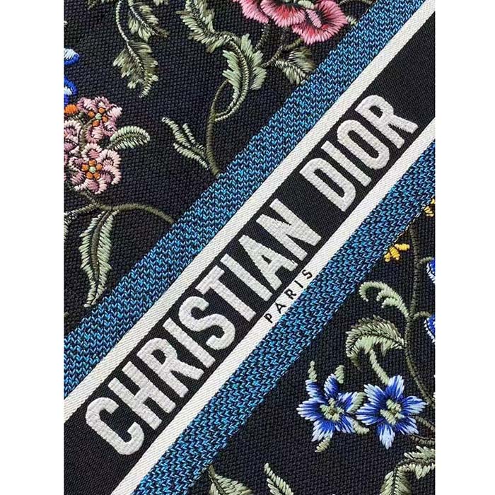 Dior Women CD Large Book Tote Black Multicolor Dior Petites Fleurs Embroidery