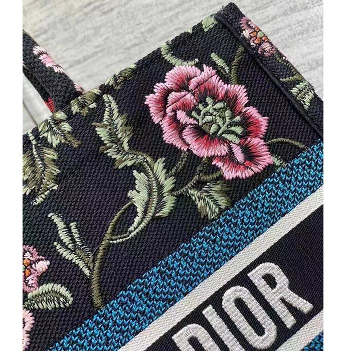 Dior Women CD Medium Book Tote Black Multicolor Dior Petites Fleurs Embroidery