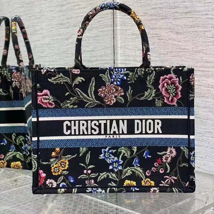 Dior Women CD Medium Book Tote Black Multicolor Dior Petites Fleurs Embroidery