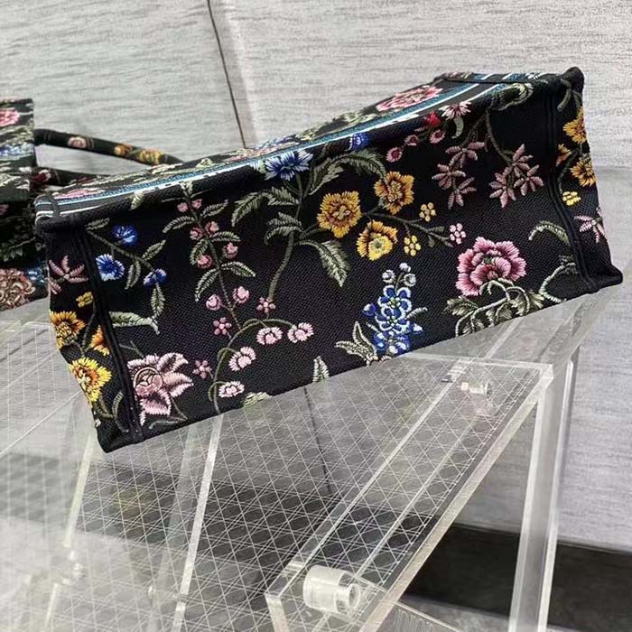 Dior Women CD Medium Book Tote Black Multicolor Dior Petites Fleurs Embroidery