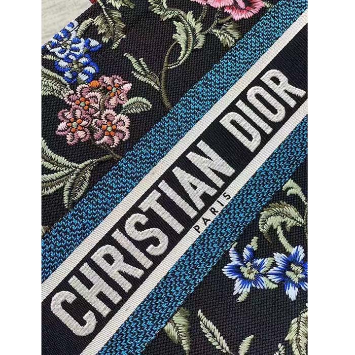 Dior Women CD Medium Book Tote Black Multicolor Dior Petites Fleurs Embroidery