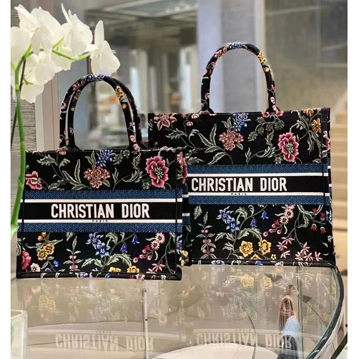 Dior Women CD Medium Book Tote Black Multicolor Dior Petites Fleurs Embroidery