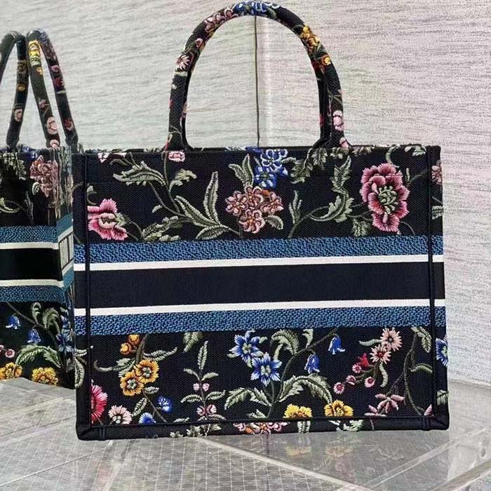 Dior Women CD Medium Book Tote Black Multicolor Dior Petites Fleurs Embroidery