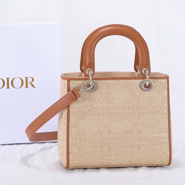 Dior Women CD Medium Lady Dior Handbag Natural Cannage Raffia