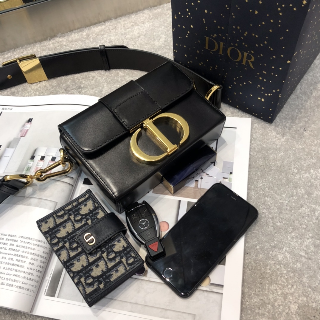 Dior Women CD Micro 30 Montaigne Bag Black Box Calfskin Flap Closure