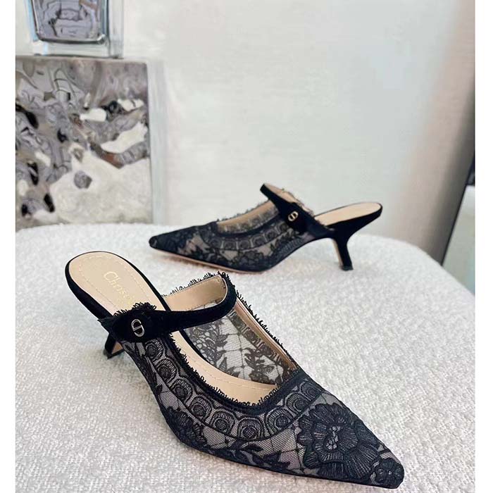 Dior Women Shoes CD Capture Heeled Mule Black Transparent Mesh Suede Embroidered Roses