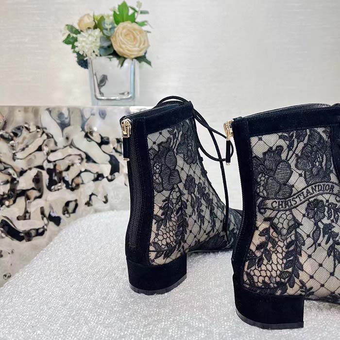Dior Women Shoes CD Naughtily-D Ankle Boot Black Transparent Mesh Suede Embroidered Roses