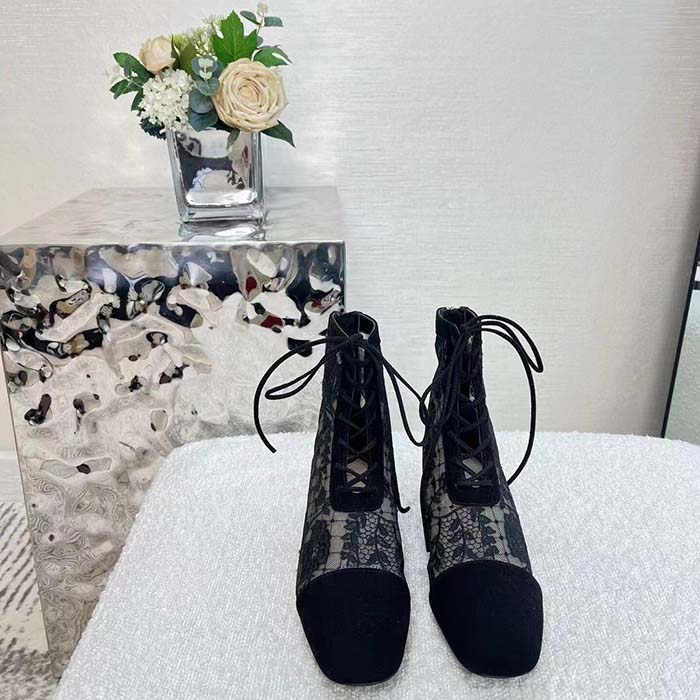 Dior Women Shoes CD Naughtily-D Ankle Boot Black Transparent Mesh Suede Embroidered Roses