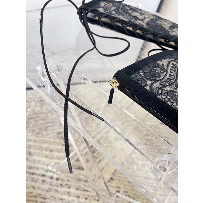 Dior Women Shoes CD Naughtily-D Boot Black Transparent Mesh Suede Embroidered Roses